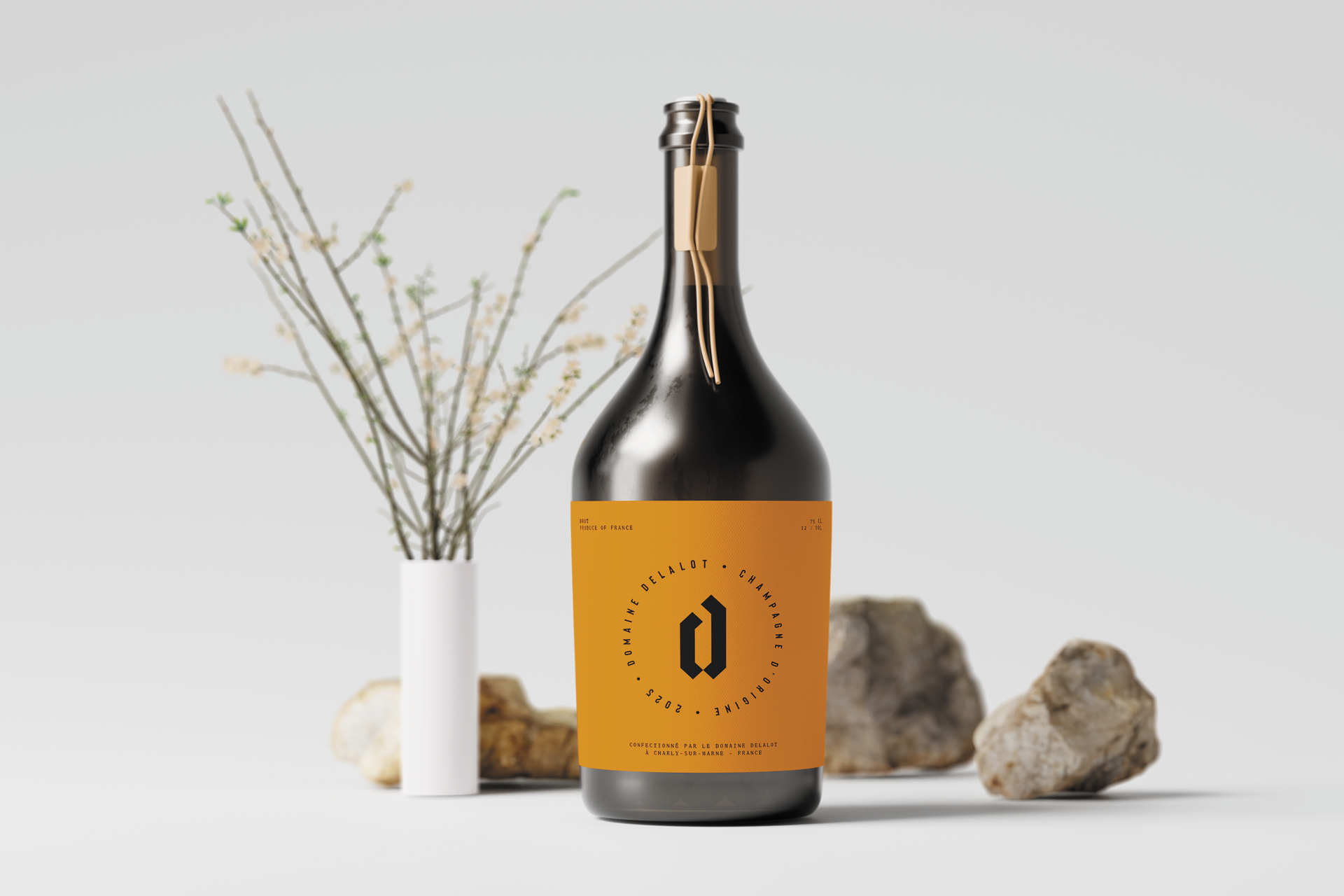Identité visuelle et packaging pour le champagne Delalot, avec logo élégant, typographie raffinée et design graphique haut de gamme valorisant le prestige de la marque